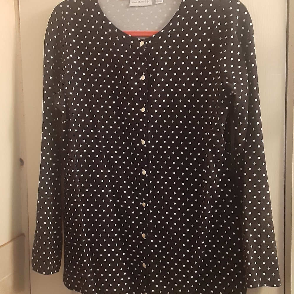 Susan Graver Stretch Cotton Snap Front  Print Long Sleeve Cardigan XS Black Whit